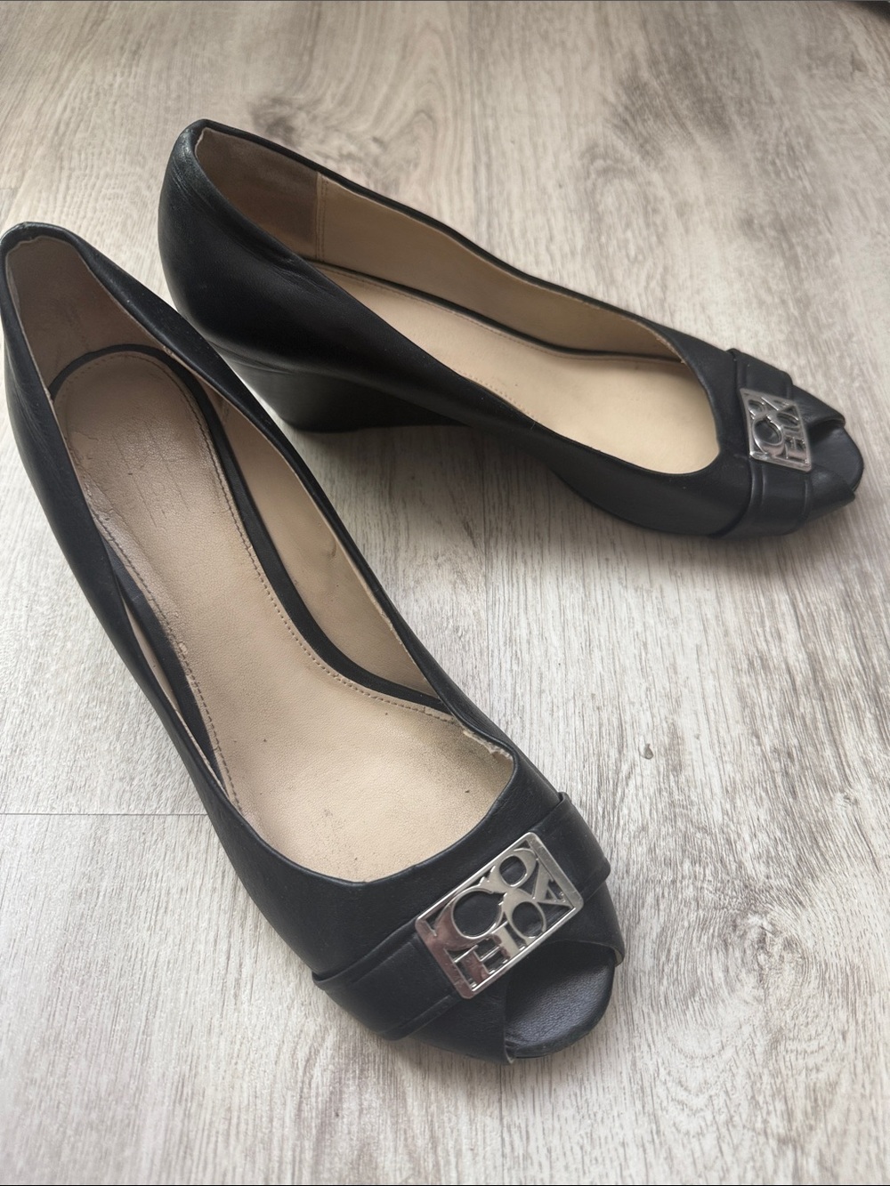 Coach Black Peep-Toe Wedge Pumps with Silver Logo Accent - Picture 1 of 7